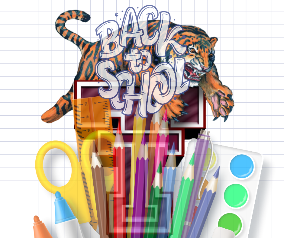 school supplies with the tenaha tiger logo in background