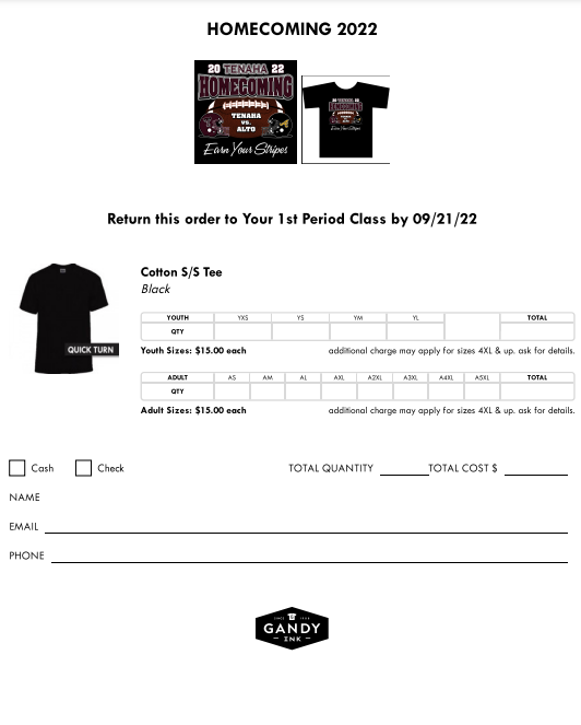 Tee Shirt Order Form